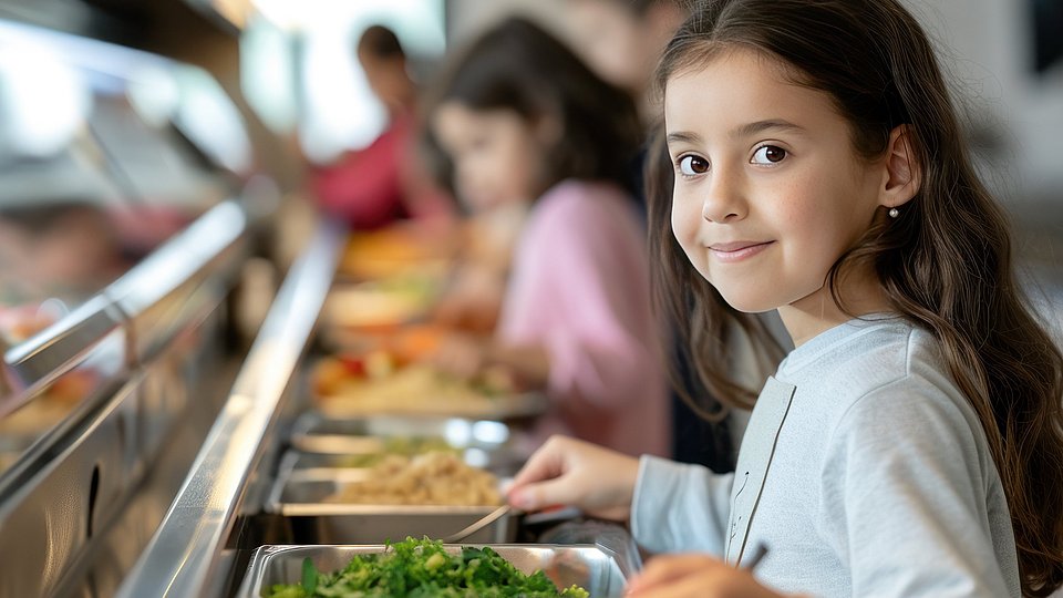 Ein Schulmädchen steht an der Mensaausgabe in der Schule und bedient sich am Gemüse.