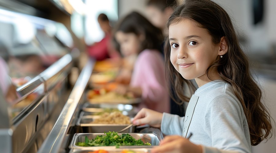 Ein Schulmädchen steht an der Mensaausgabe in der Schule und bedient sich am Gemüse.