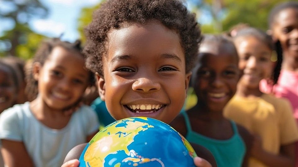 Ein Kind of colour hält einen Ball als Erdkugel in seinen Händen, hinter ihm steht eine Gruppe von Kindern. 