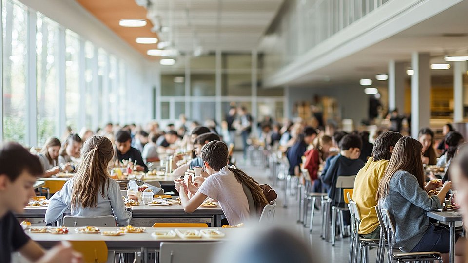 In einer Schulmensa sitzen viele Schüler*innen an Tischen und essen.