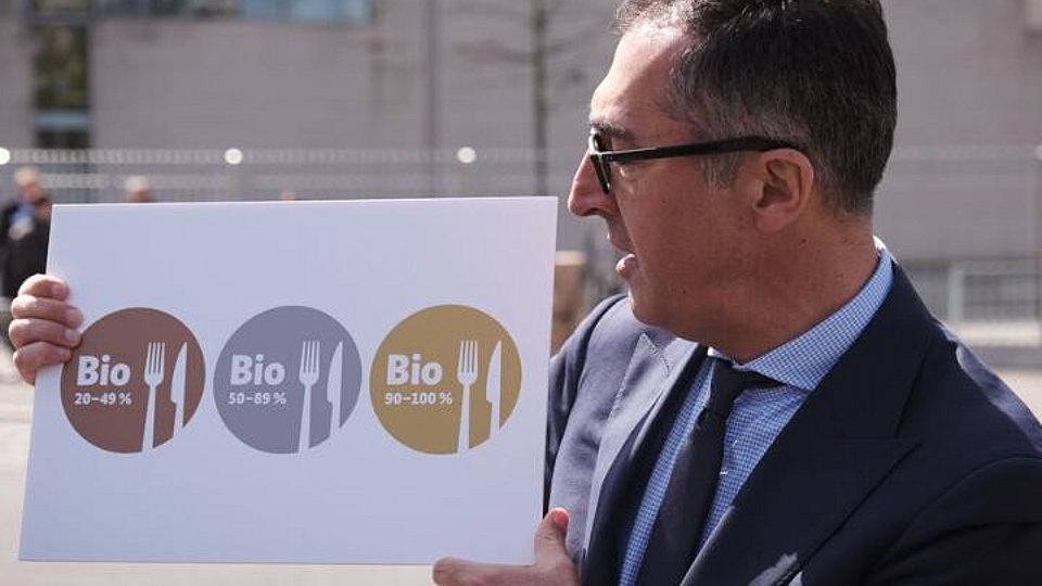 Bundesminister Cem Özdemir präsentiert neues Bio-AHV-Logo.