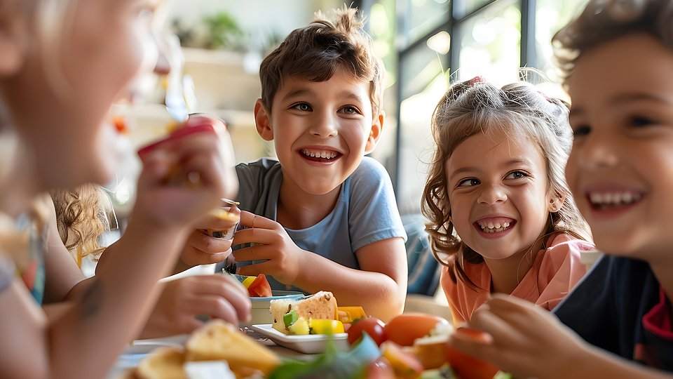 Schulkinder sitzen an einem Tisch in der Mensa und essen. 