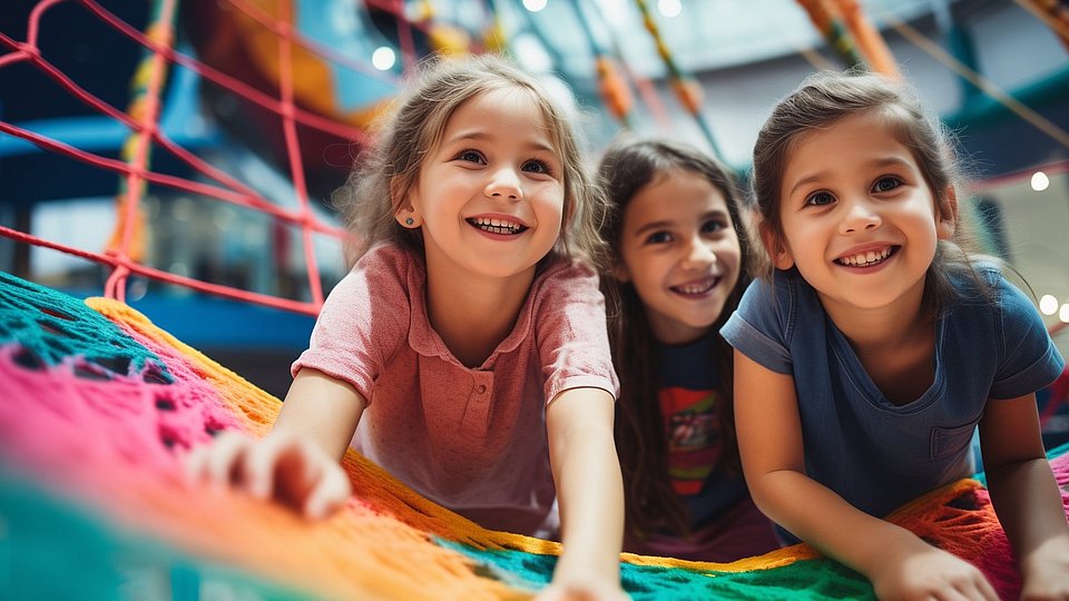 Gruppe fröhlicher Mädchen, die auf dem Schulhof mit Netzkletterseilen spielen.