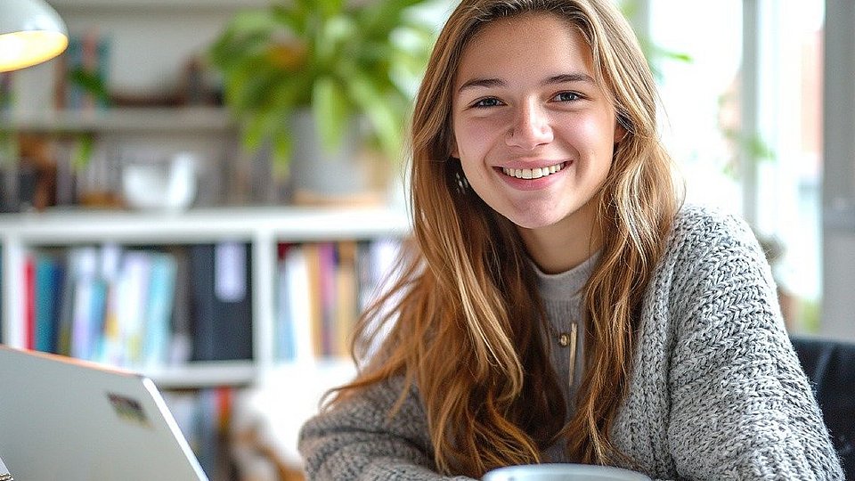 Junge erwachsene Frau sitzt am geöffneten Laptop.