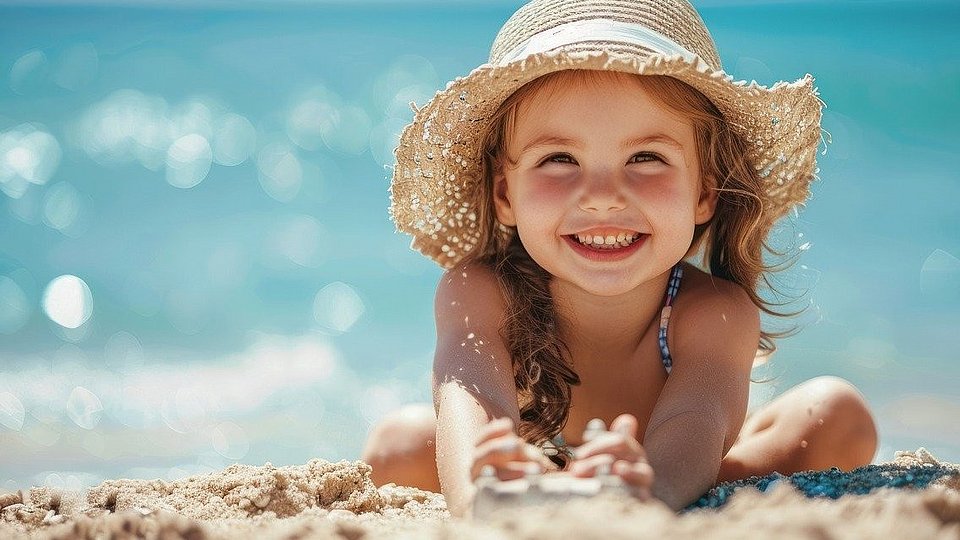 Kleines Mädchen mit Strohhut liegt am Sandstrand.