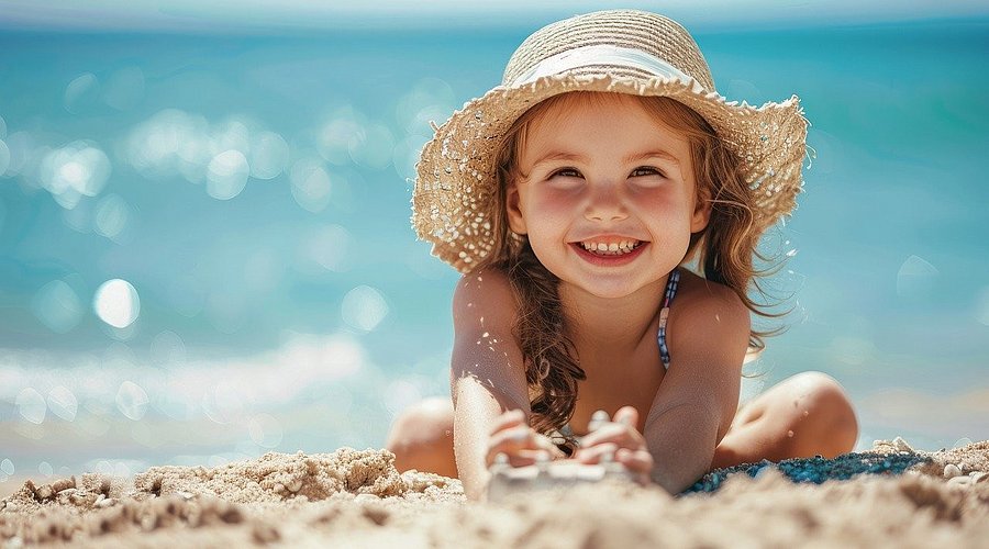 Kleines Mädchen mit Strohhut liegt am Sandstrand.