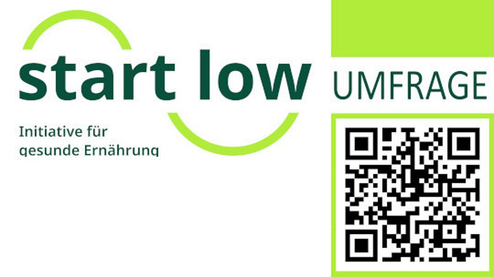 Bild zeigt Aufruf zur Umfrage zum Projekt Start low mit QR-Code