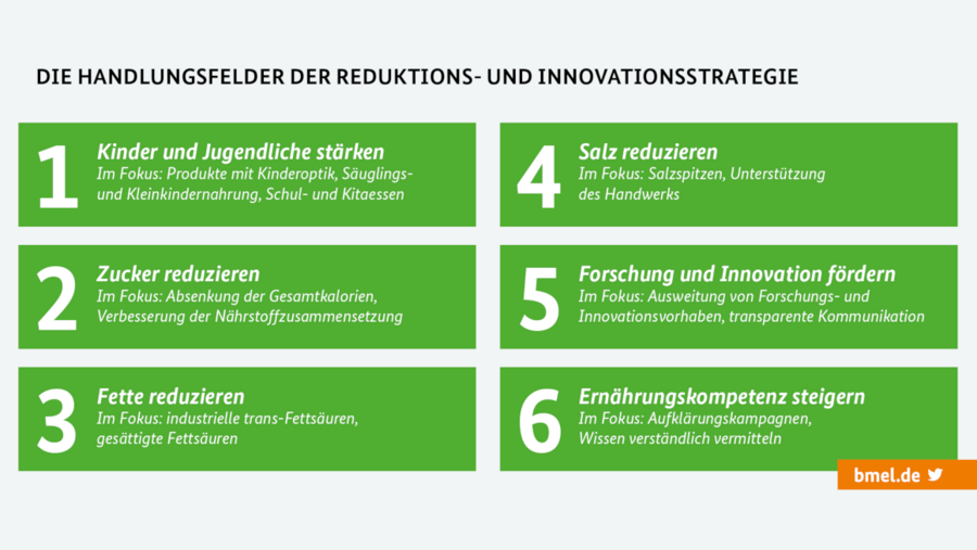 Handlungsfelder der Nationalen Reduktions- und Innovationsstrategie: Im Fokus steht auch Kita- und Schulessen. 