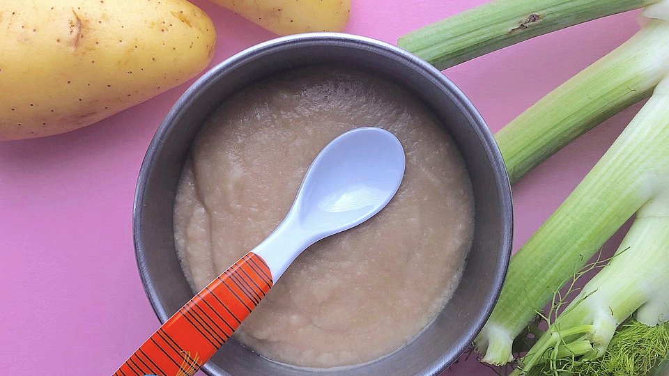 Babybrei in einer Schüssel mit Kartoffeln und Fenchel